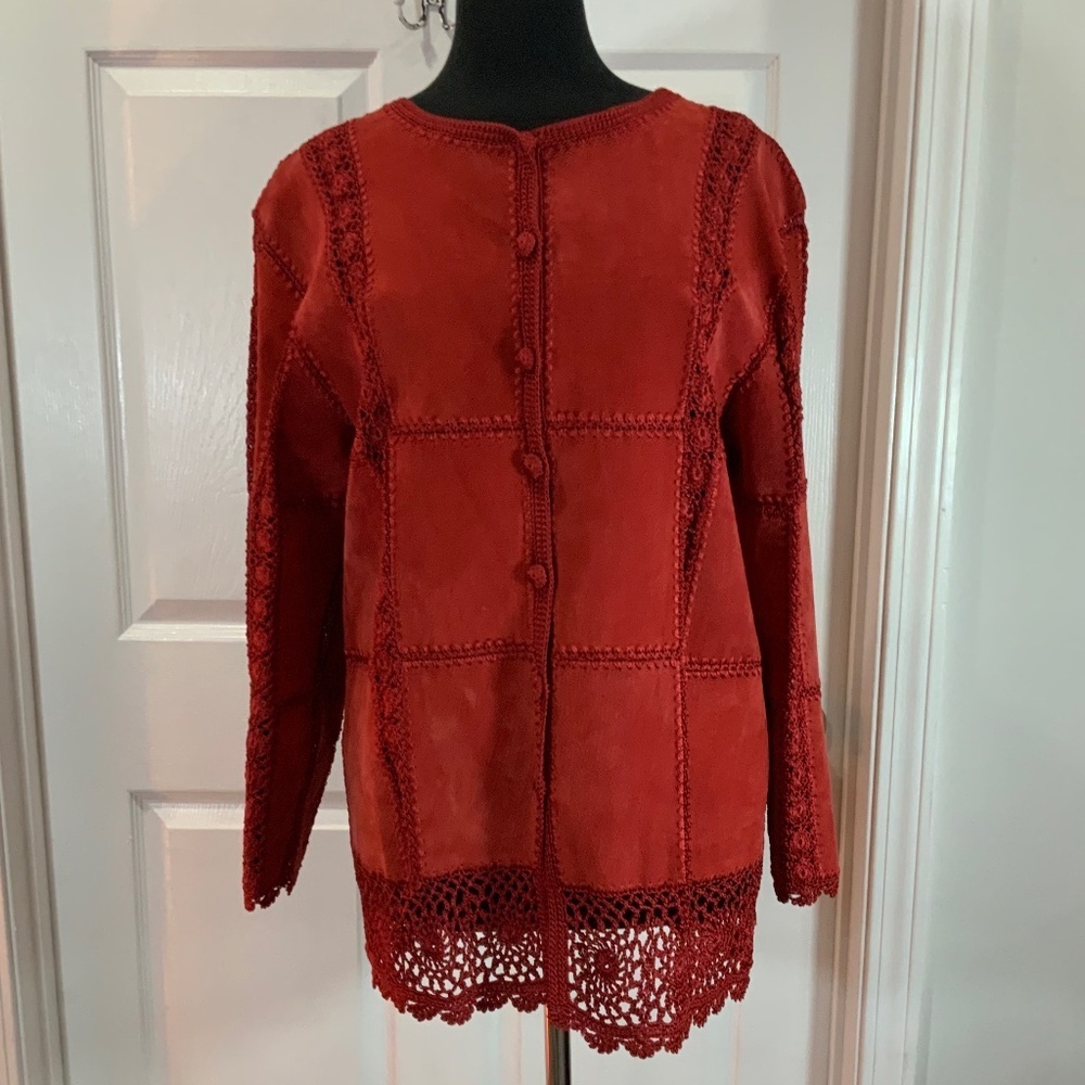 Red Suede Leather Crochet Patchwork Button Down Boho Western Jacket